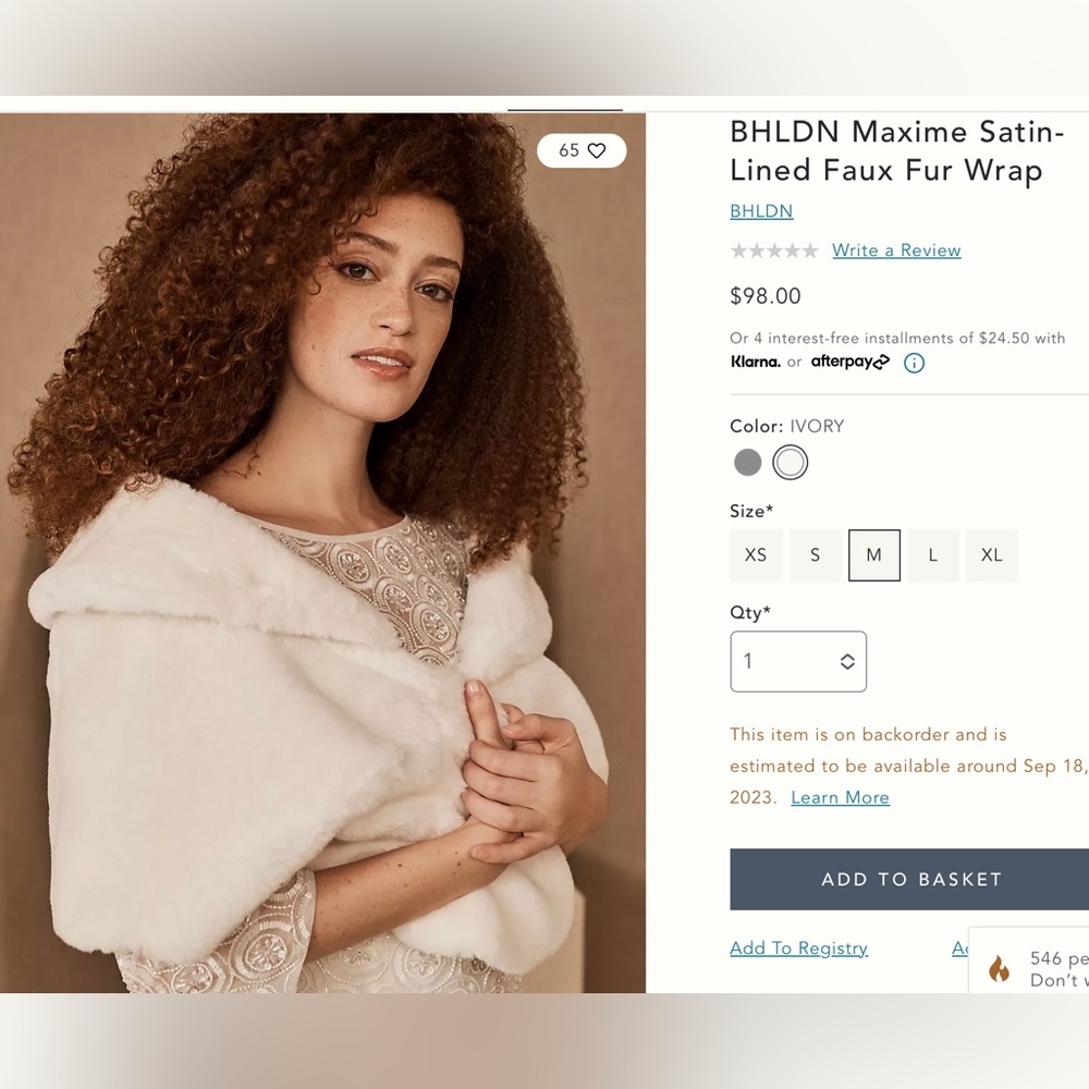 BHLDN Maxine Satin-Lined Faux Fur Wrap Size S